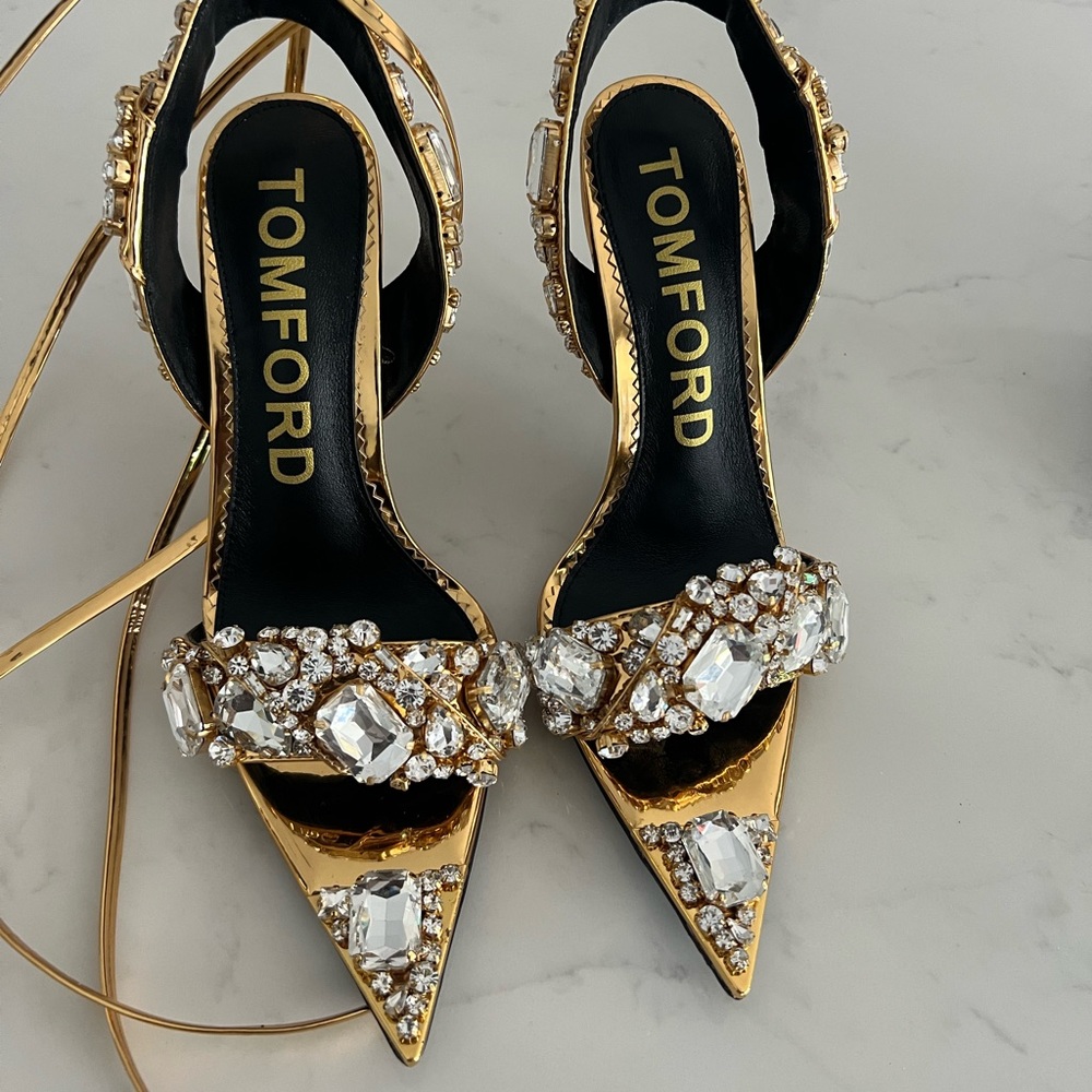 TOM FORD Mirror leather and Crystal stones pointy jewel Sandals